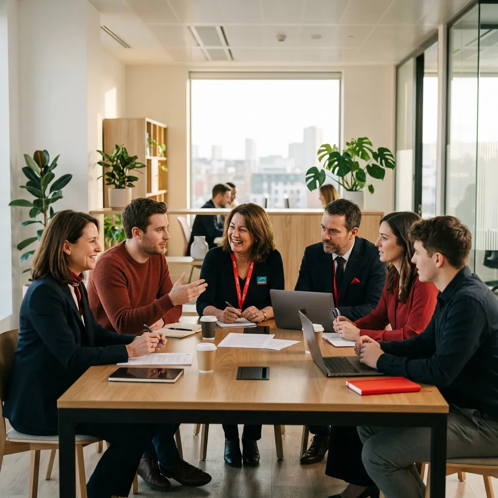 Équipe Ometim réunie et échangeant dans une agence chaleureuse et moderne