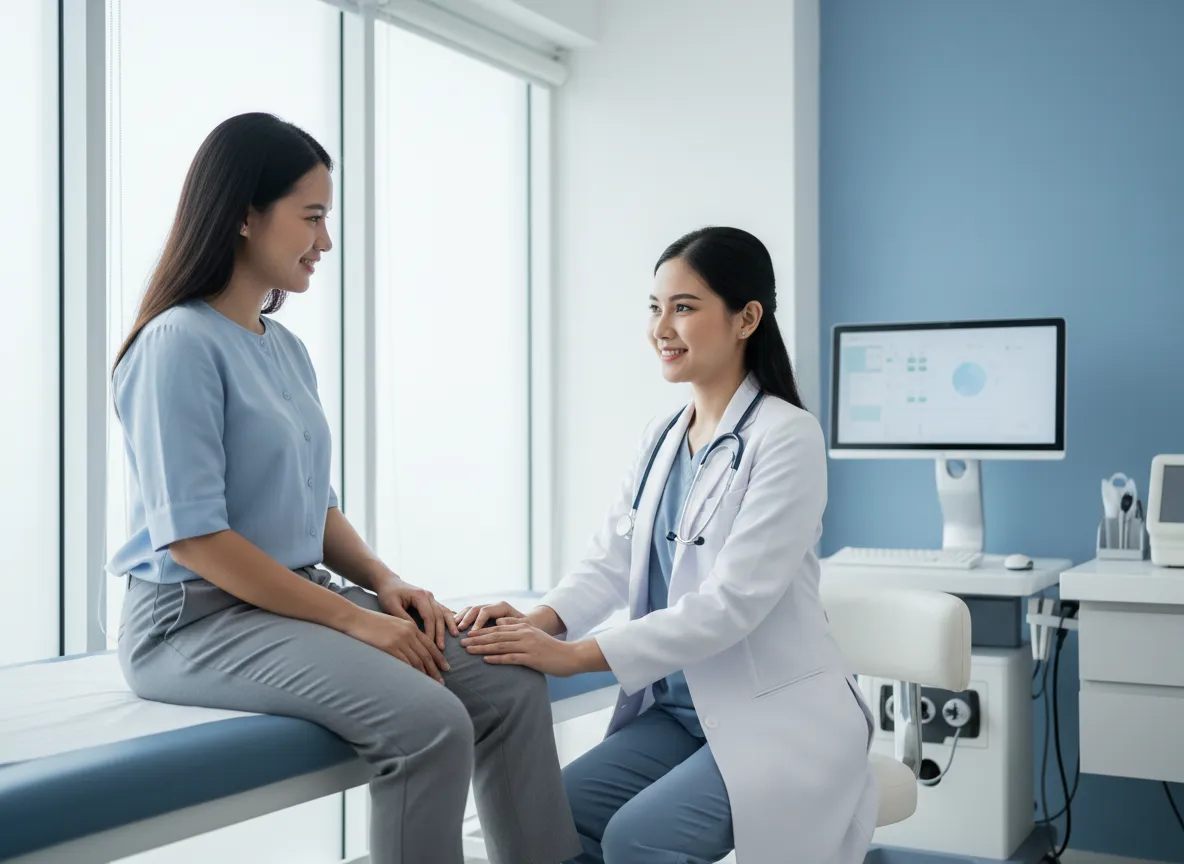 Dokter Klinik Relieva sedang memeriksa pasien di ruang praktek modern