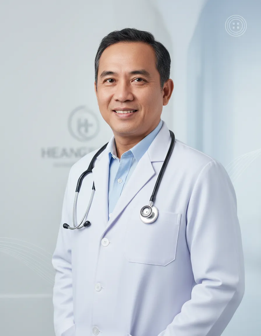 Dokter utama Klinik Relieva dengan jas putih tersenyum ramah