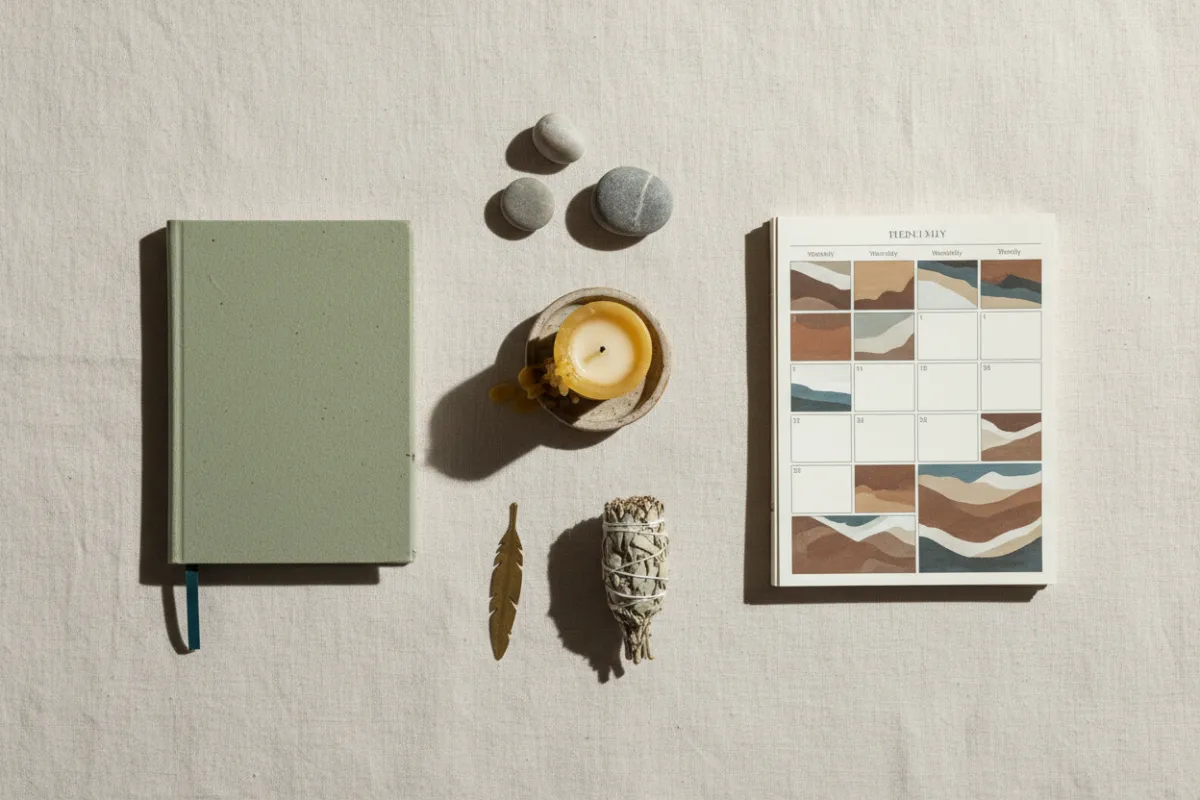 Landscape collage of ritual objects including a journal, candle, and planner on a neutral backdrop.
