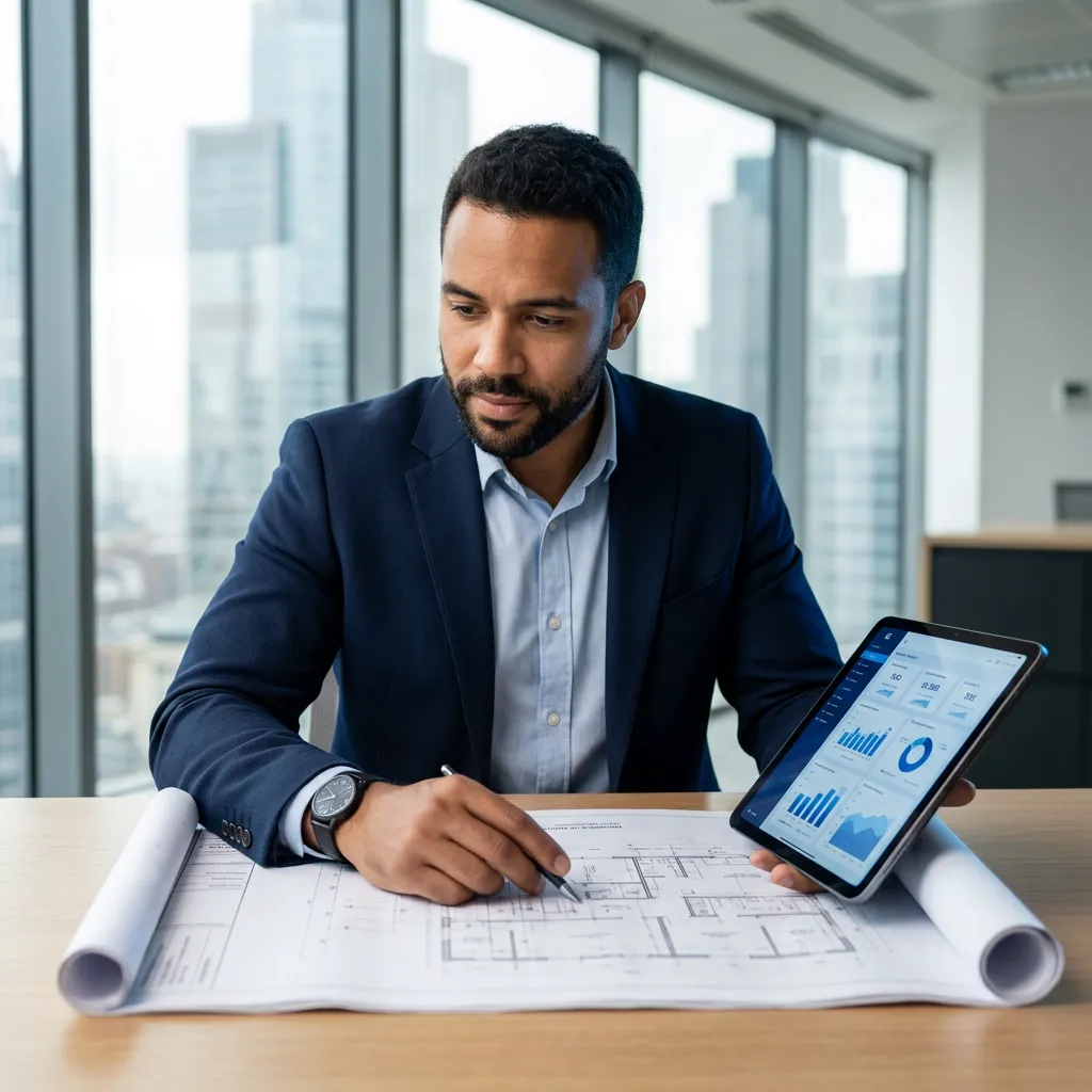 Ambitious real estate investor reviewing investment portfolio analytics and architectural blueprints