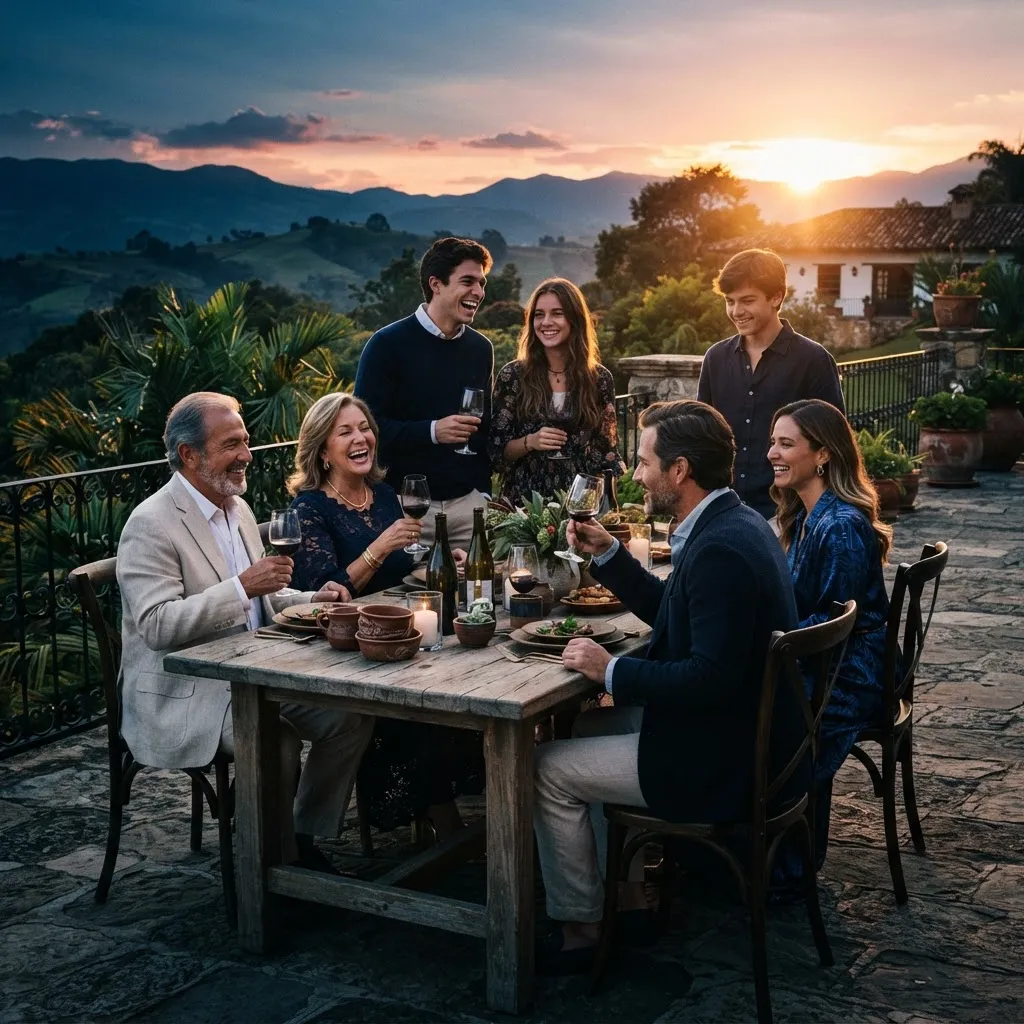 Retrato de familia multigeneracional transmitiendo estabilidad patrimonial