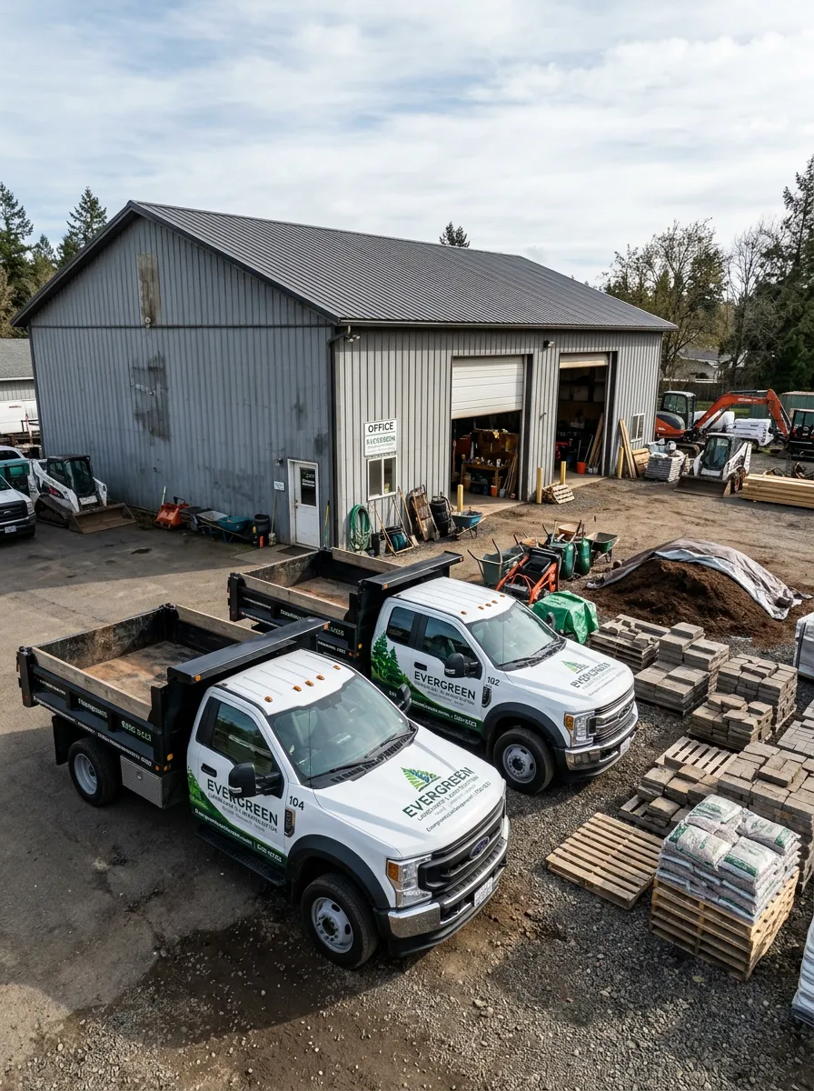 Portrait photo of clean, wrapped landscape construction trucks in a real working yard with a practical pole-barn style shop building in the background (not overly pristine, no stone).