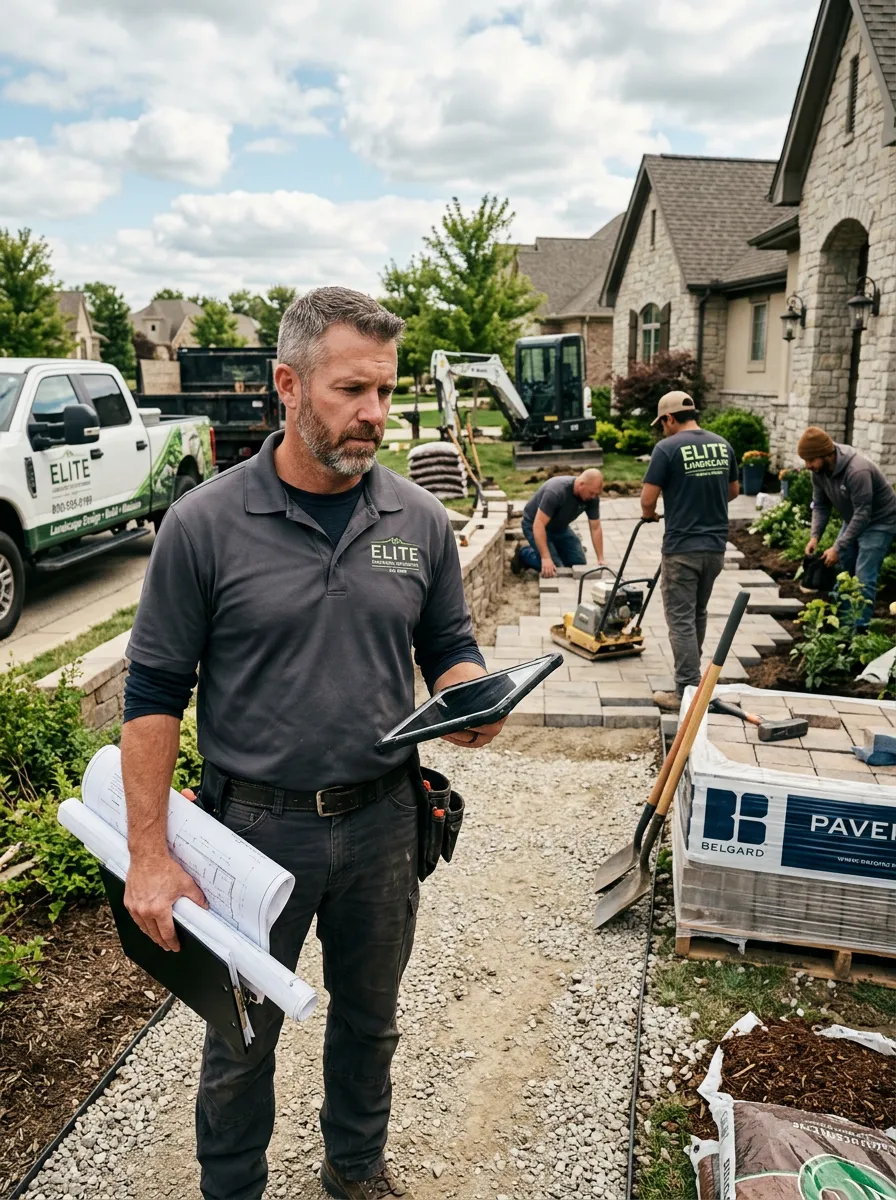 Landscape construction owner/foreman on a residential landscaping jobsite holding plans/clipboard/tablet, with crews working in the background, wrapped trucks nearby, and pallets of pavers/materials visible — serious, focused, no hard hats.
