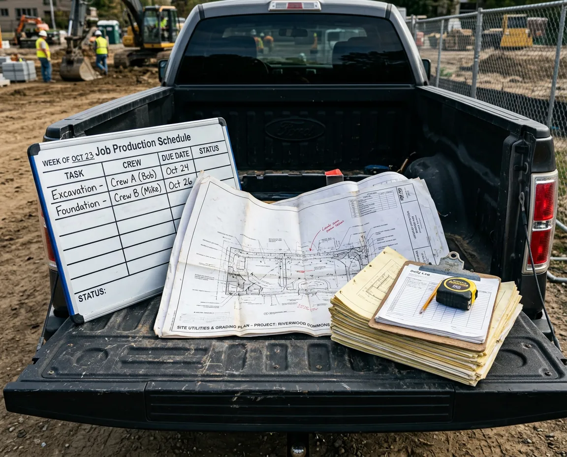 Landscape construction plan set, job production schedule board, and estimating blueprints on a site tailgate