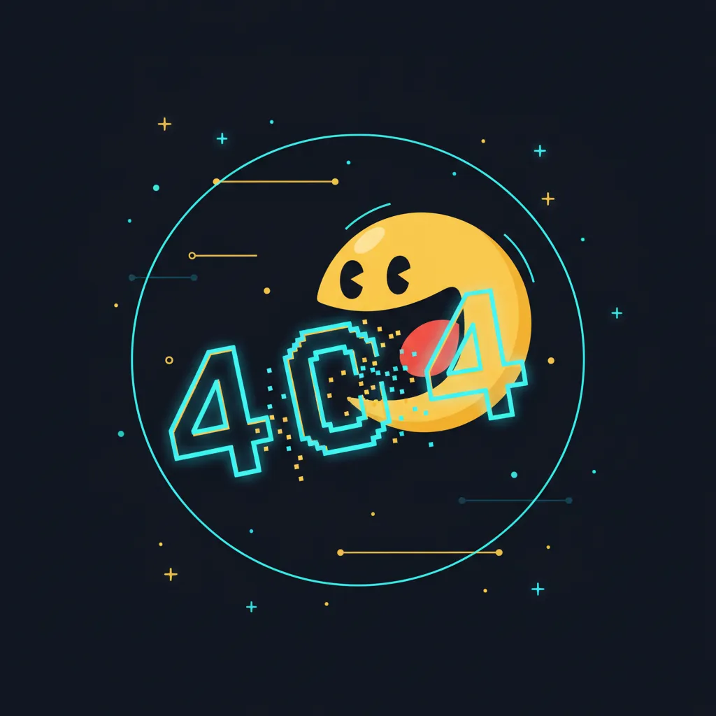 Playful Pac-Man style animation chomping the numbers 4-0-4 around the screen