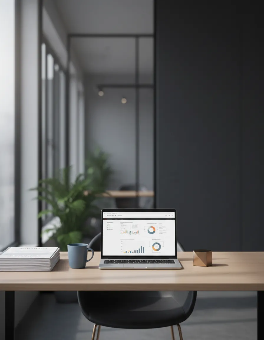 Professional office setting with documents and technology demonstrating operational leverage and automation.