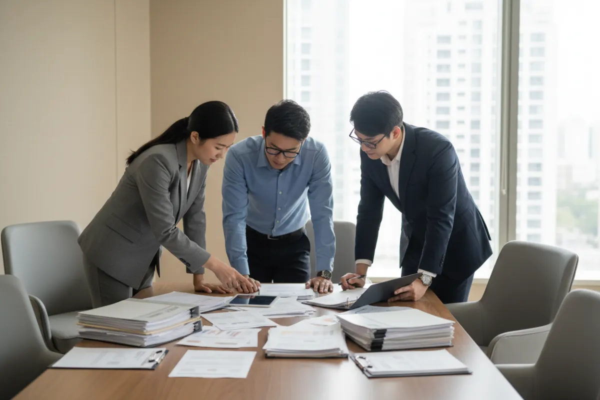 Professional team reviewing compliance documentation in a modern office