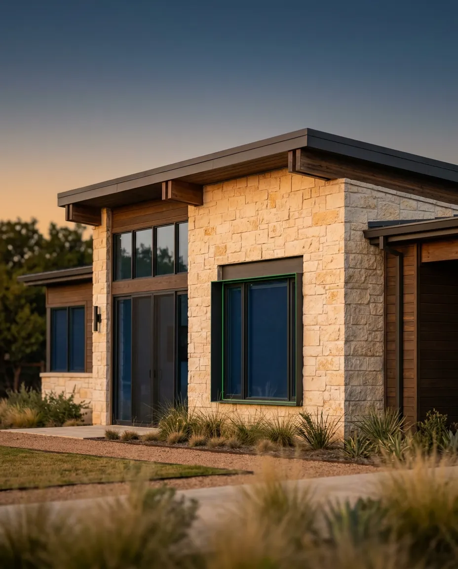 Architectural exterior detail of modern Texas home with limestone masonry and warm craftsmanship accents