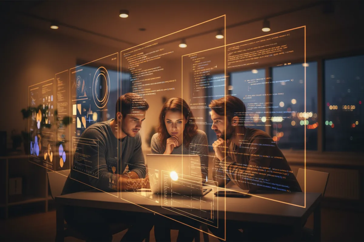 Entrepreneur presenting a lean pitch to a small team over a laptop in a modern co-working studio.
