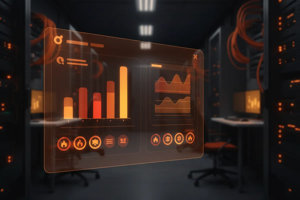 Hosting control panel with charts and deployment logs representing BrightHost infrastructure and automation.