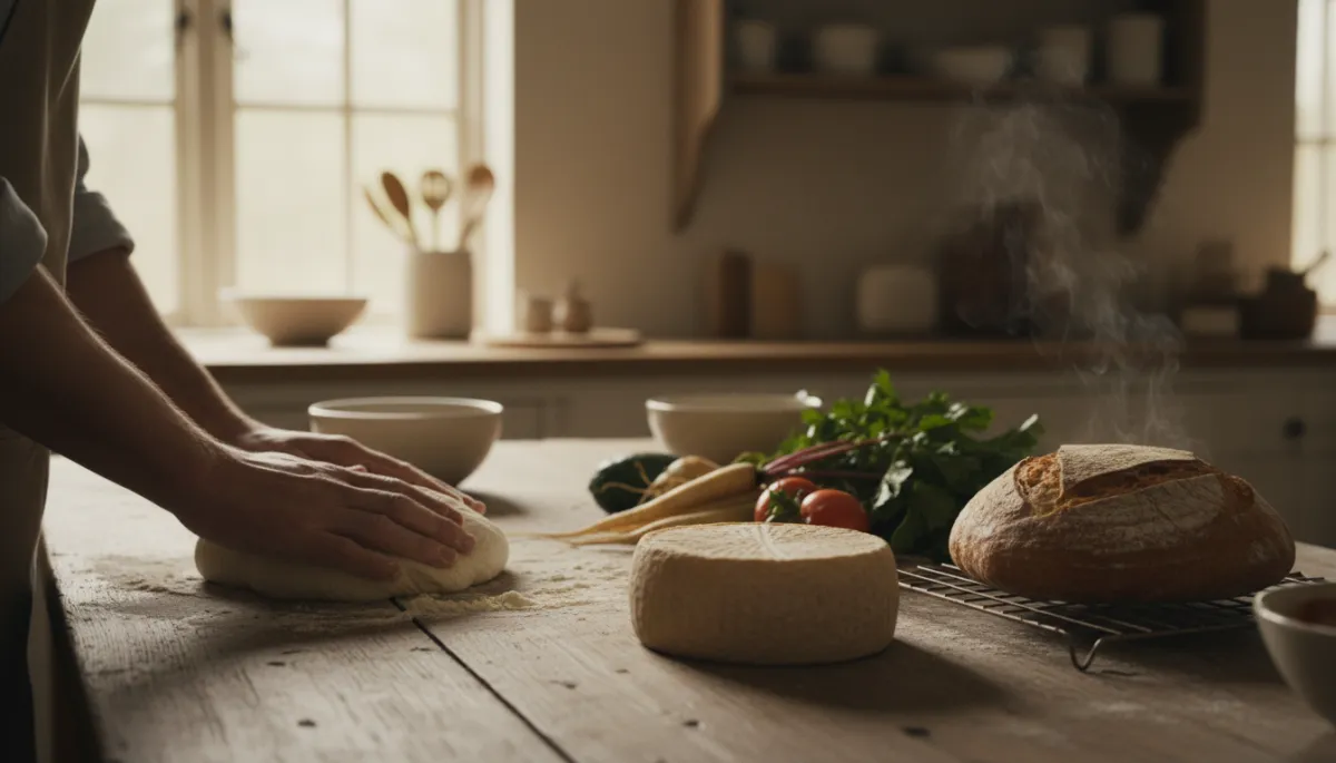 Mathantverkare som arbetar med bröd, ost och grönsaker i lantligt kök