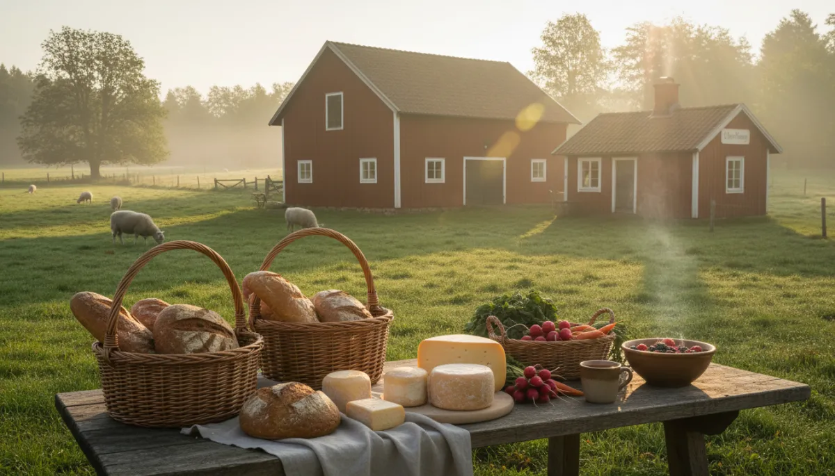Lantlig gård med mathantverk, fält och morgonljus