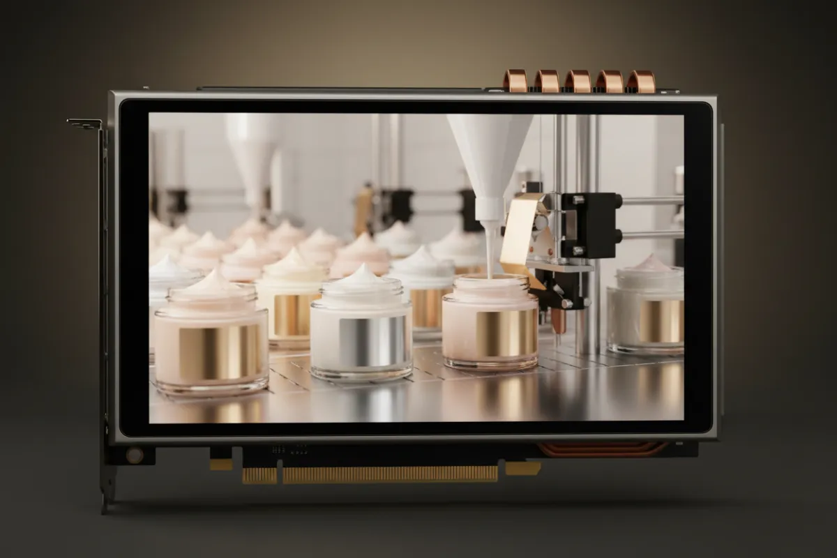 Tarjeta de video en primer plano que muestra una vista del proceso de fabricación de cosméticos: primer plano de frascos y etiquetas, iluminación de estudio cálida, composición centrada y minimalista, estilo fotográfico realista, look premium que comunica cuidado y profesionalismo.