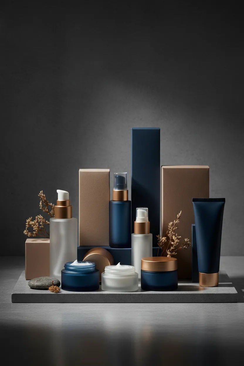 Imagen de estudio tipo hero mostrando un panel creativo: mockups de packaging cosmético sobre fondo limpio, composición editorial, luz suave lateral, estilo fotográfico premium para destacar el producto y su presentación.