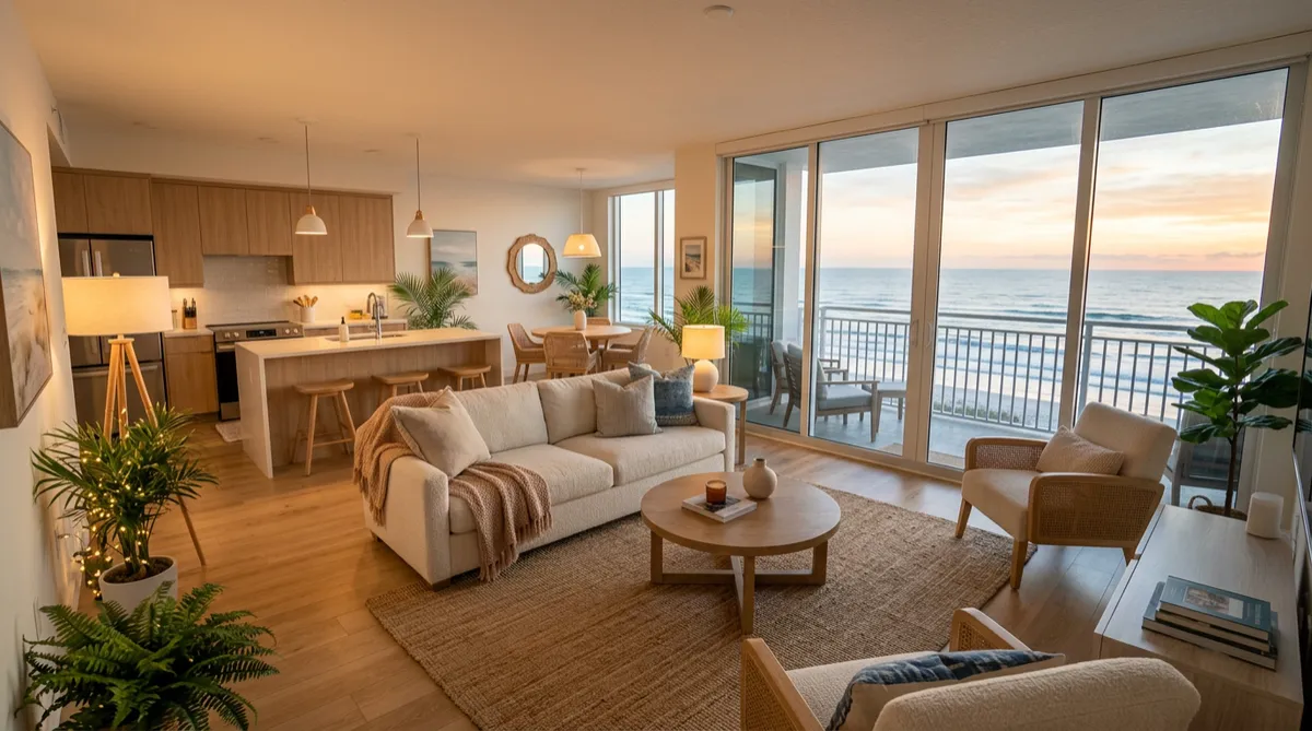 Cozy modern Florida oceanfront condo living room and kitchen with warm lighting and an ocean view