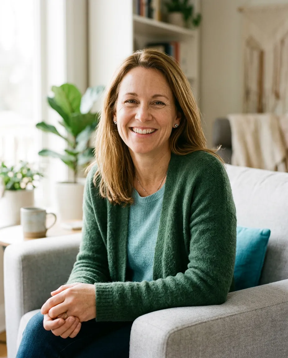 Warm, confident 50-year-old adult smiling in natural outdoor light enjoying healthy active living