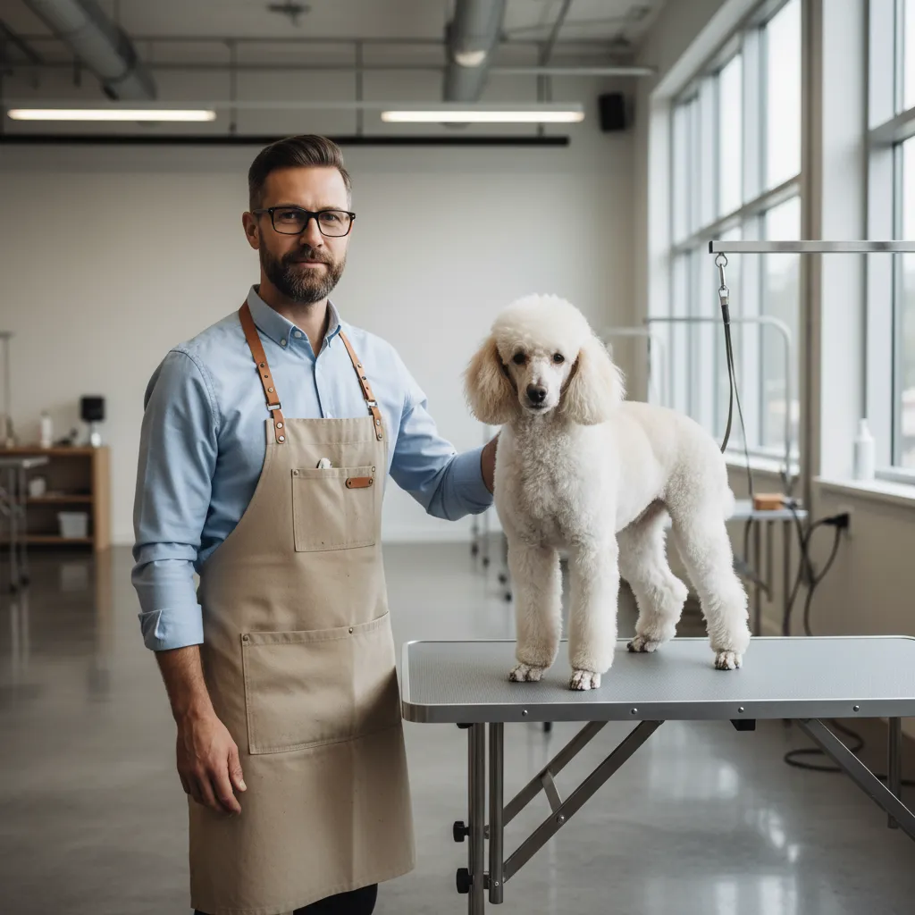 Portrait of a male instructor in his 40s with a beard and glasses, wearing a light blue shirt and apron, standing beside a grooming table with a poodle. The classroom is modern and filled with natural light.