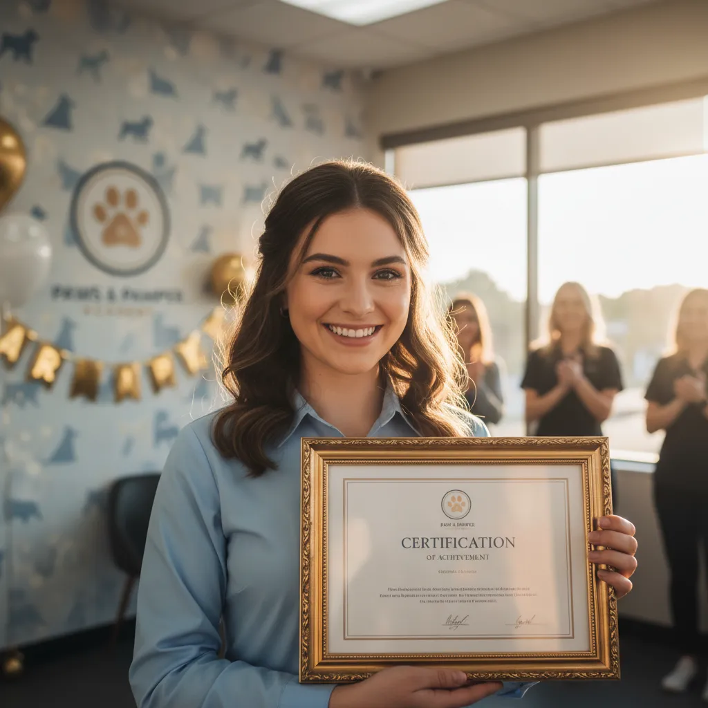 Close-up of a young graduate holding a framed dog grooming certification, smiling with pride in a sunlit academy office. The background features subtle academy branding and a congratulatory atmosphere, highlighting achievement and professionalism.