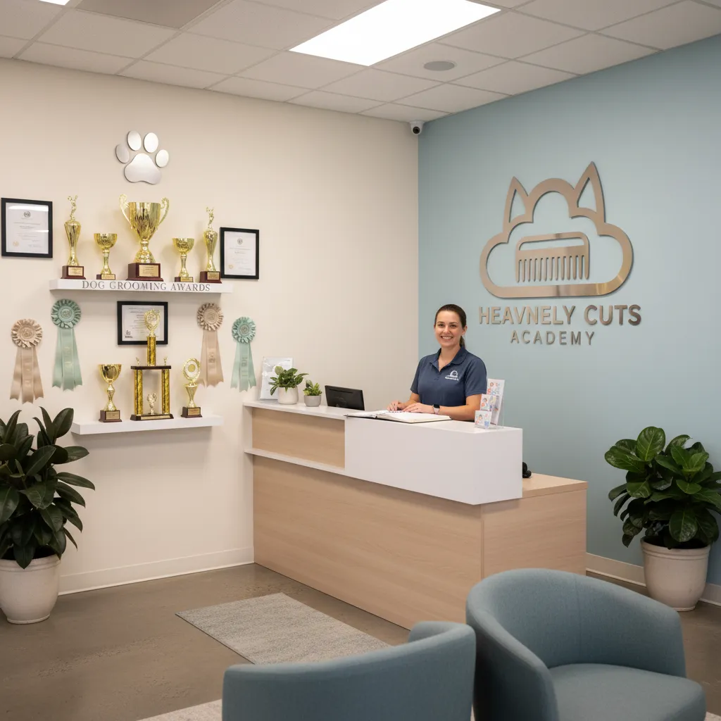 Reception area of Heavenly Cuts Academy with a friendly staff member at the desk, modern decor, and a wall display of dog grooming awards. The environment is inviting and professional, signaling approachability and support.
