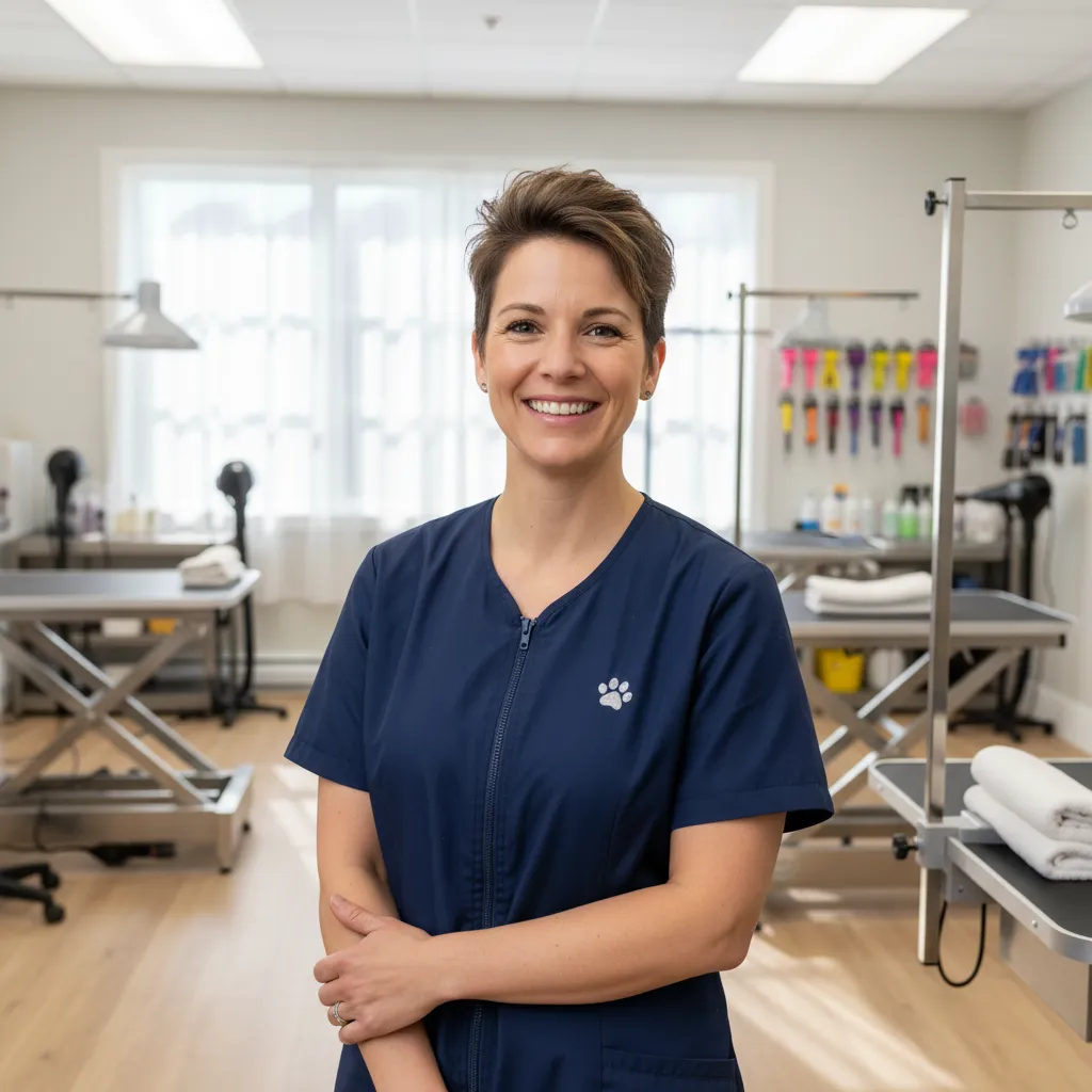 Portrait of a smiling female instructor in her 30s with short brown hair, wearing a navy grooming smock, standing in a bright classroom with grooming tables in the background. The setting is professional and welcoming.