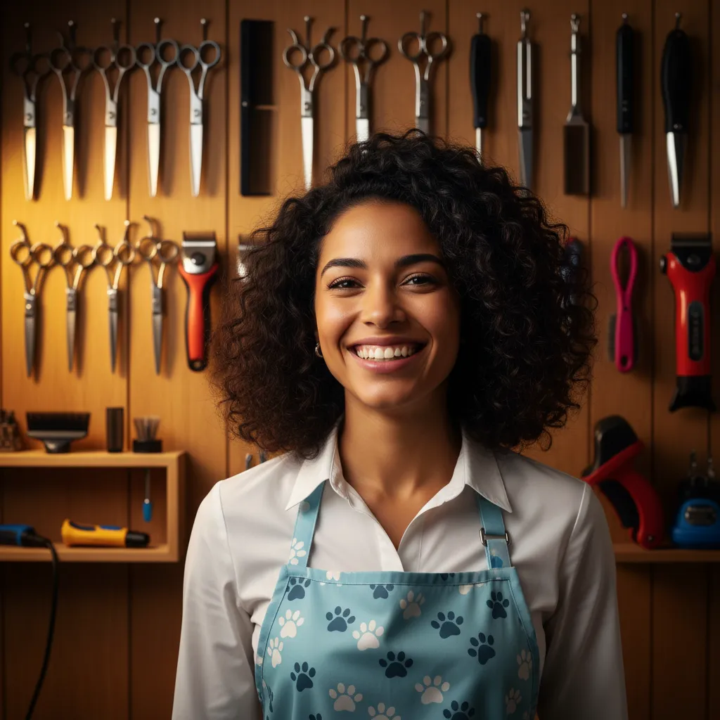 Portrait of a cheerful female instructor in her late 20s with curly black hair, wearing a white blouse and grooming apron, standing in front of a wall of grooming tools. The environment is vibrant and organized.