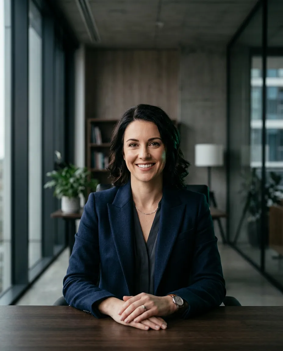 Warm, high-resolution professional portrait of an executive virtual assistant in an elegant architectural office setting