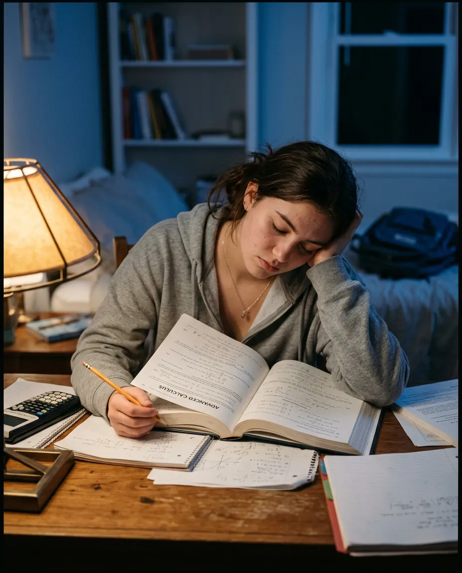 Stressed high school student resting head on desk while studying a complex math textbook