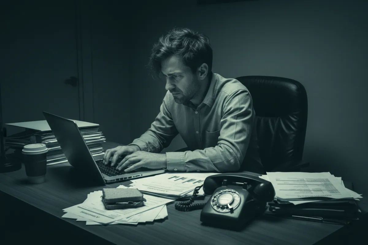 A small business office with a cluttered desk, a ringing phone left unanswered, and paperwork scattered. The owner looks frustrated, glancing at the phone while typing on a laptop.