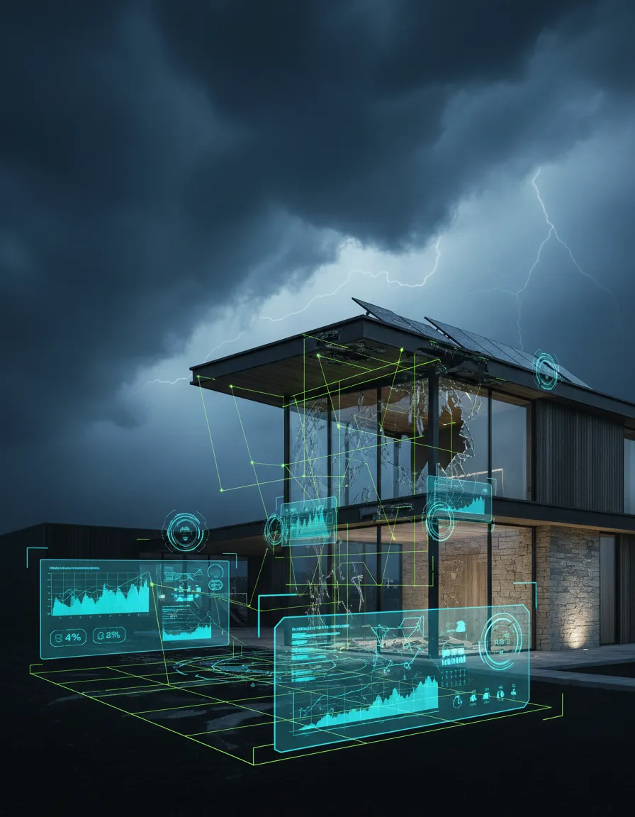 Storm-damaged luxury home with holographic analysis overlays