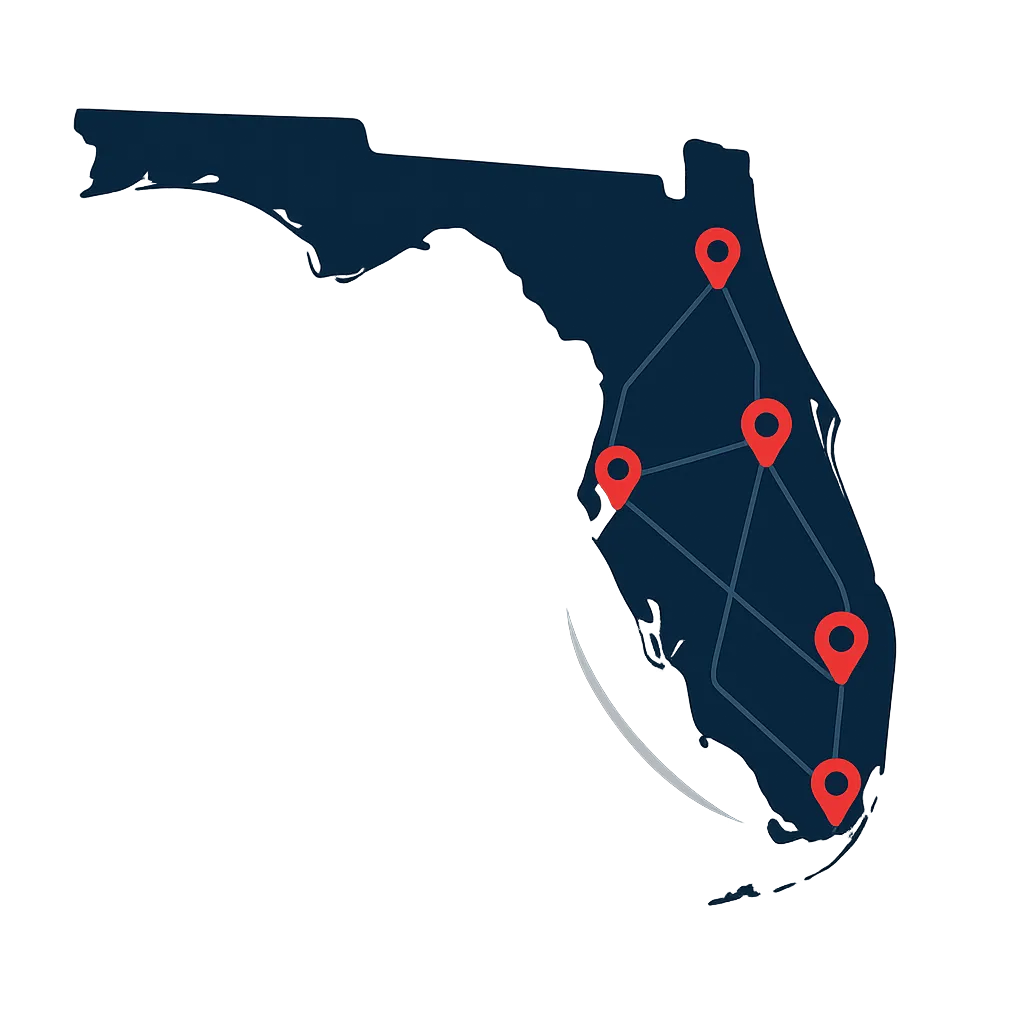 Map of Florida showing appraisal coverage areas with red pins and blue connecting lines