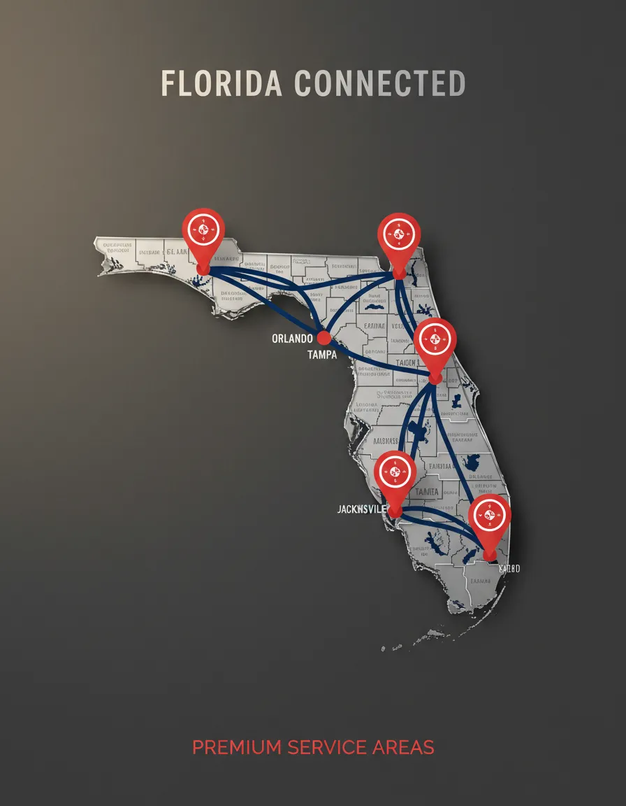 Florida map with red pins, blue route lines, and silver map elements indicating statewide residential appraisal coverage