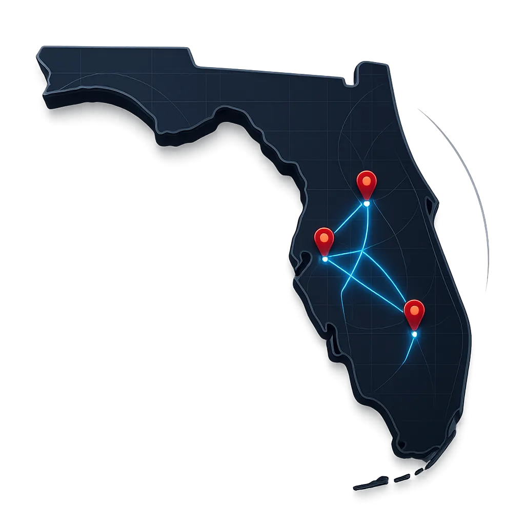 Stylized Florida map graphic with silver and navy styling, blue connecting lines, and red pins