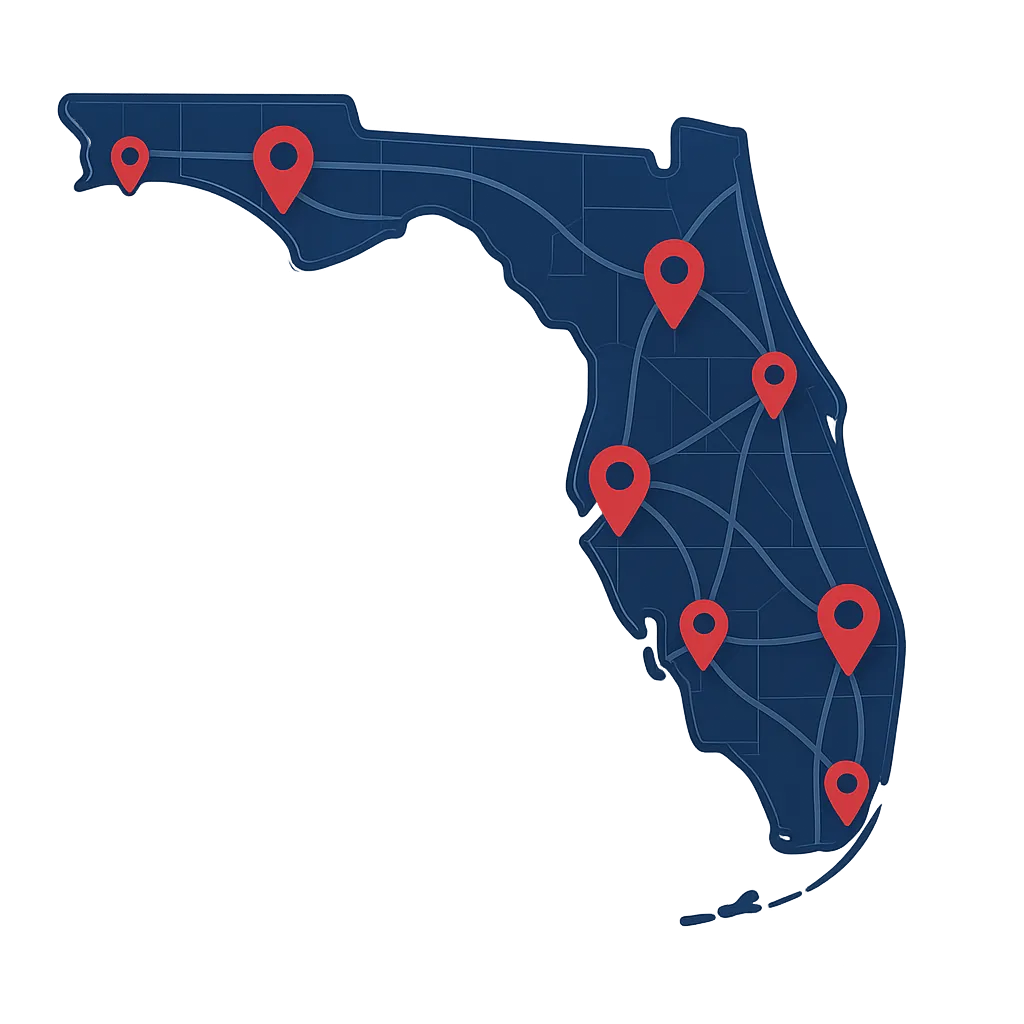 Conceptual map of Florida with red pins representing service areas