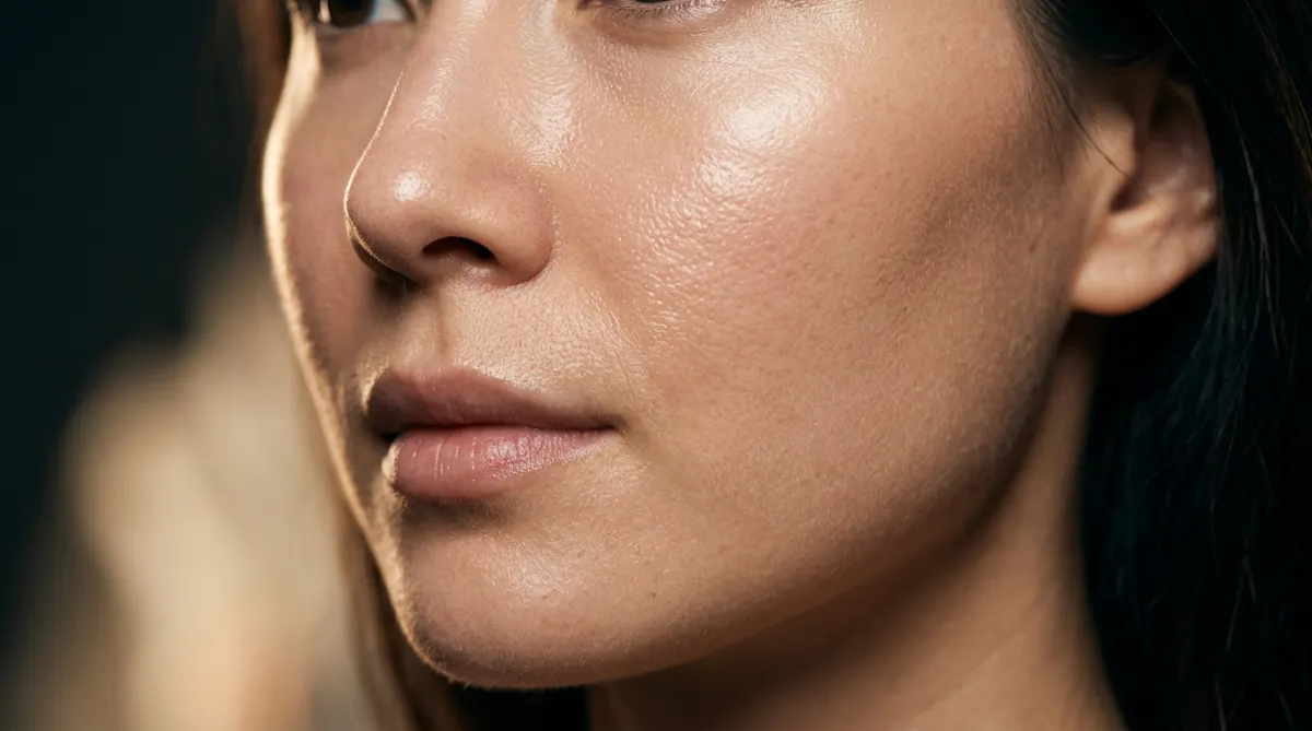Radiant hydrated skin close up macro photography in warm luxury lighting