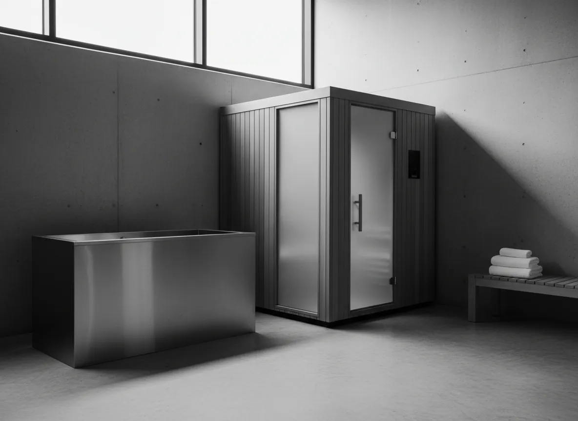 Grayscale image of an urban gym recovery corner with sauna and cold plunge