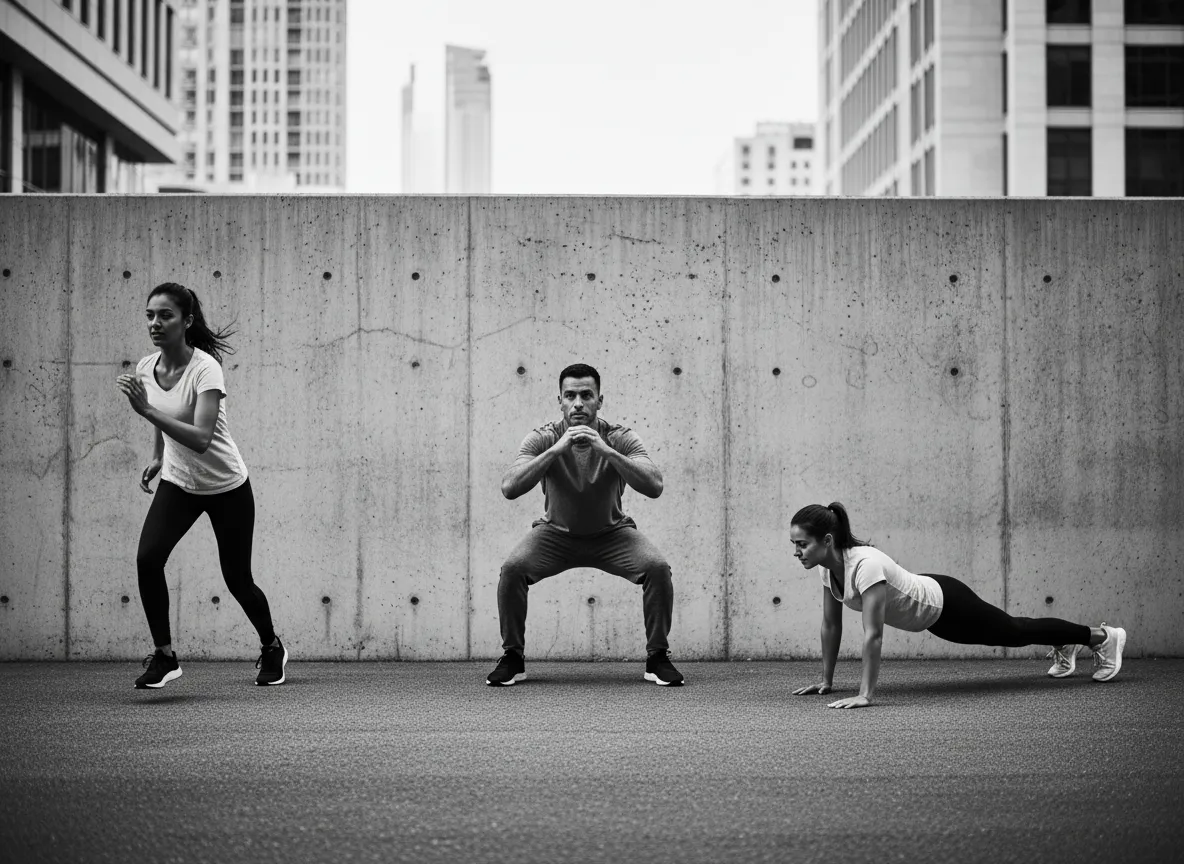 Grayscale image of people stretching and cooling down in an urban fitness studio