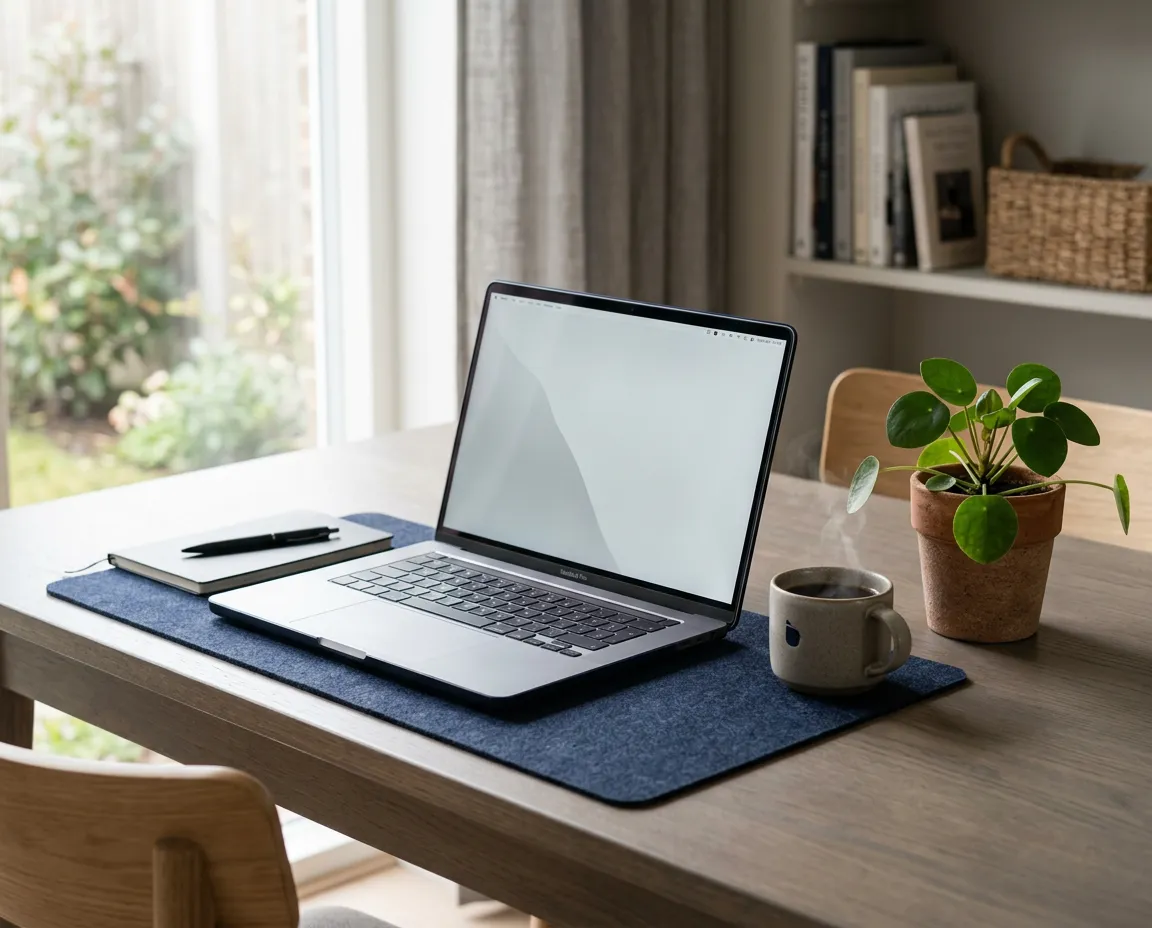 Clean, organized modern desk workspace with laptop and friendly work environment