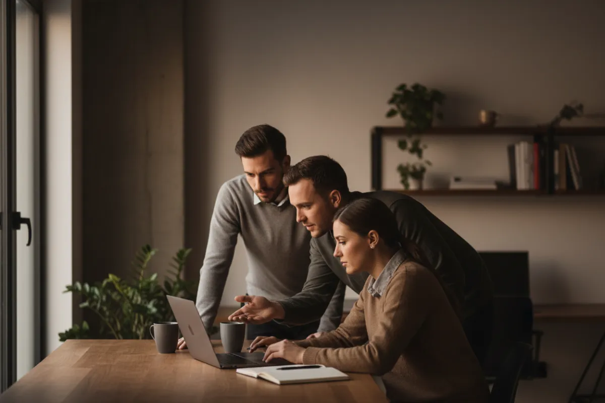 digital marketing team collaborating around laptop and analytics charts