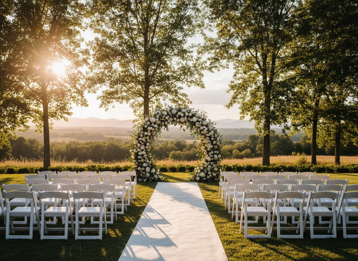 Outdoor wedding ceremony with floral arch at 5 Star Reviews wedding venue