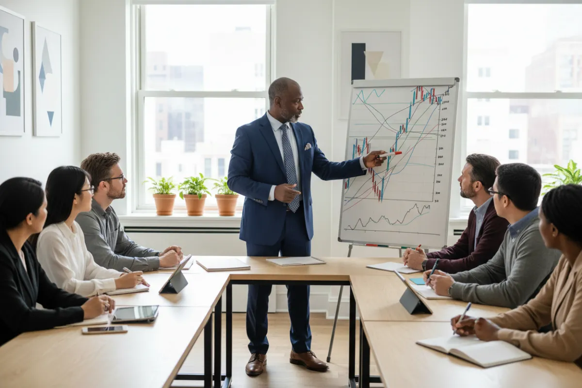 A mature Black man in business attire stands at a whiteboard, explaining a complex stock chart to a diverse group of attentive adults in a bright, modern classroom. The scene is lively and collaborative. 3:2 aspect ratio.