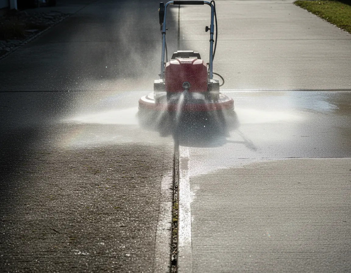 Deep-cleaning residential concrete driveway