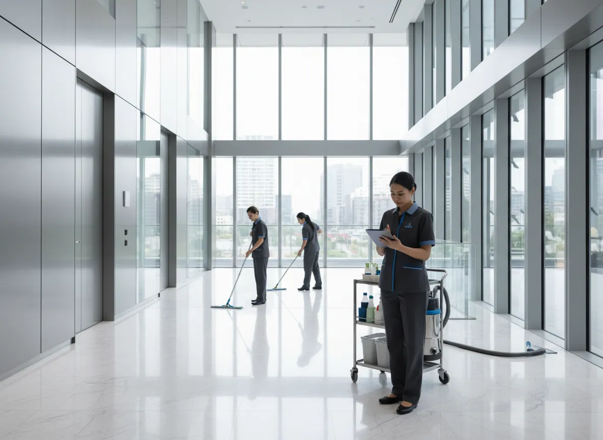 Professional cleaning team servicing a modern corporate lobby