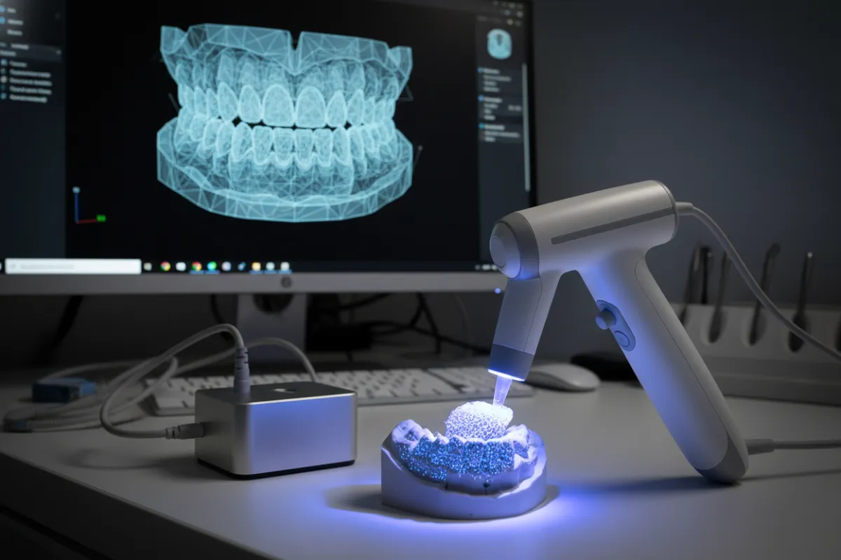 Dental laboratory team collaborating on prosthetic design in a bright, modern workspace