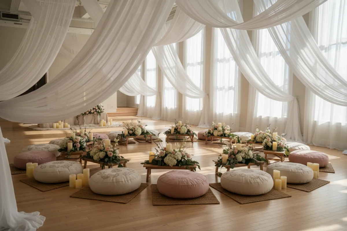 A diverse group of women in flowing attire, standing in a sunlit circle outdoors, holding hands and smiling, with soft natural light and gentle pastel tones, evoking unity and spiritual connection.