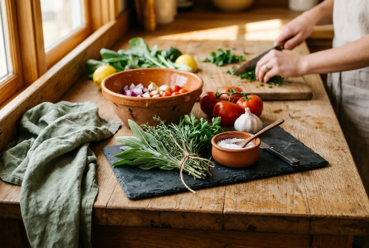 Nourishing simple family meal prep with fresh organic produce on ceramic board