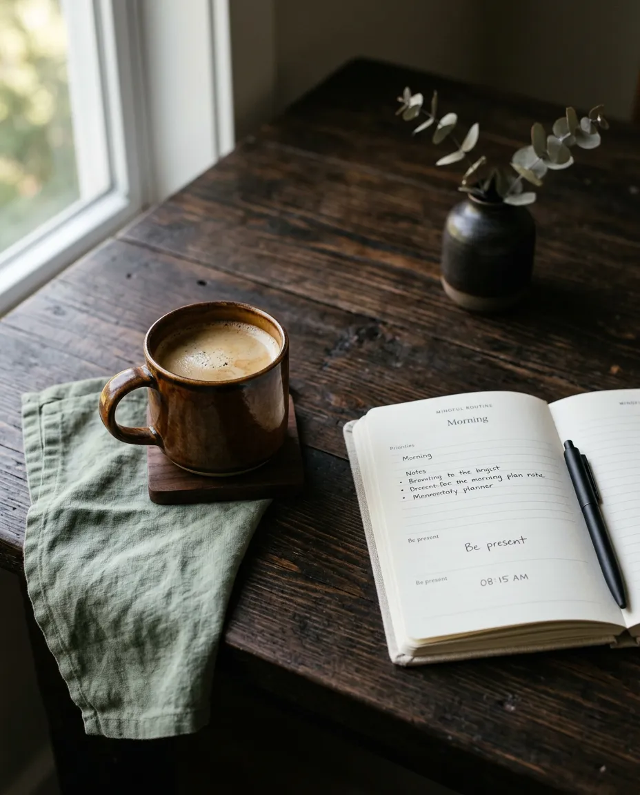 Serene warm-lit morning scene with a warm ceramic mug and open mindful routine planner on a rustic wooden table