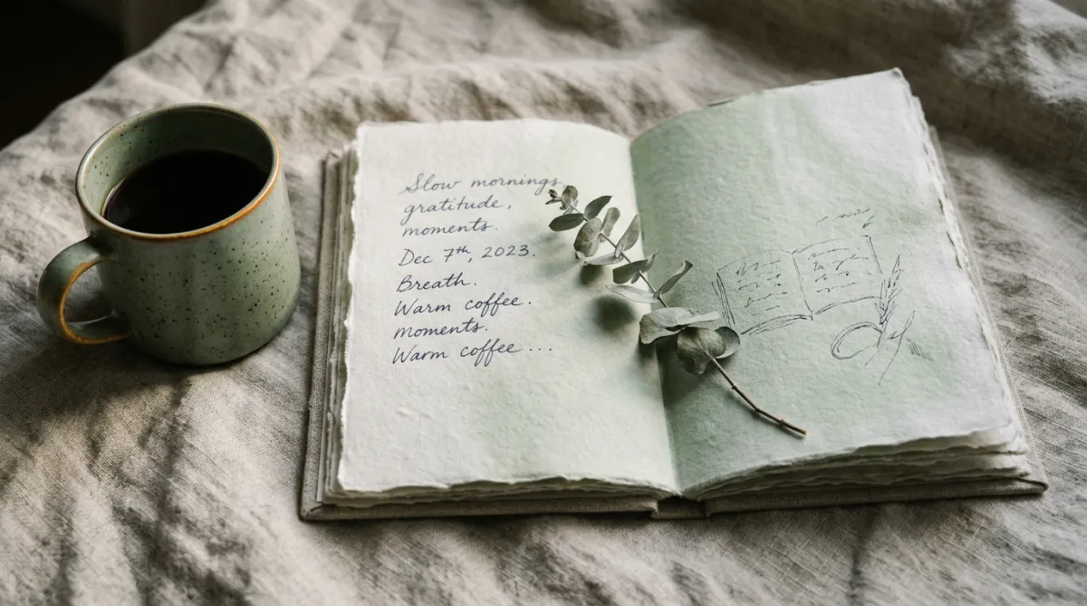 Brain Reset Guide gentle morning reflection with warm coffee and linen journal