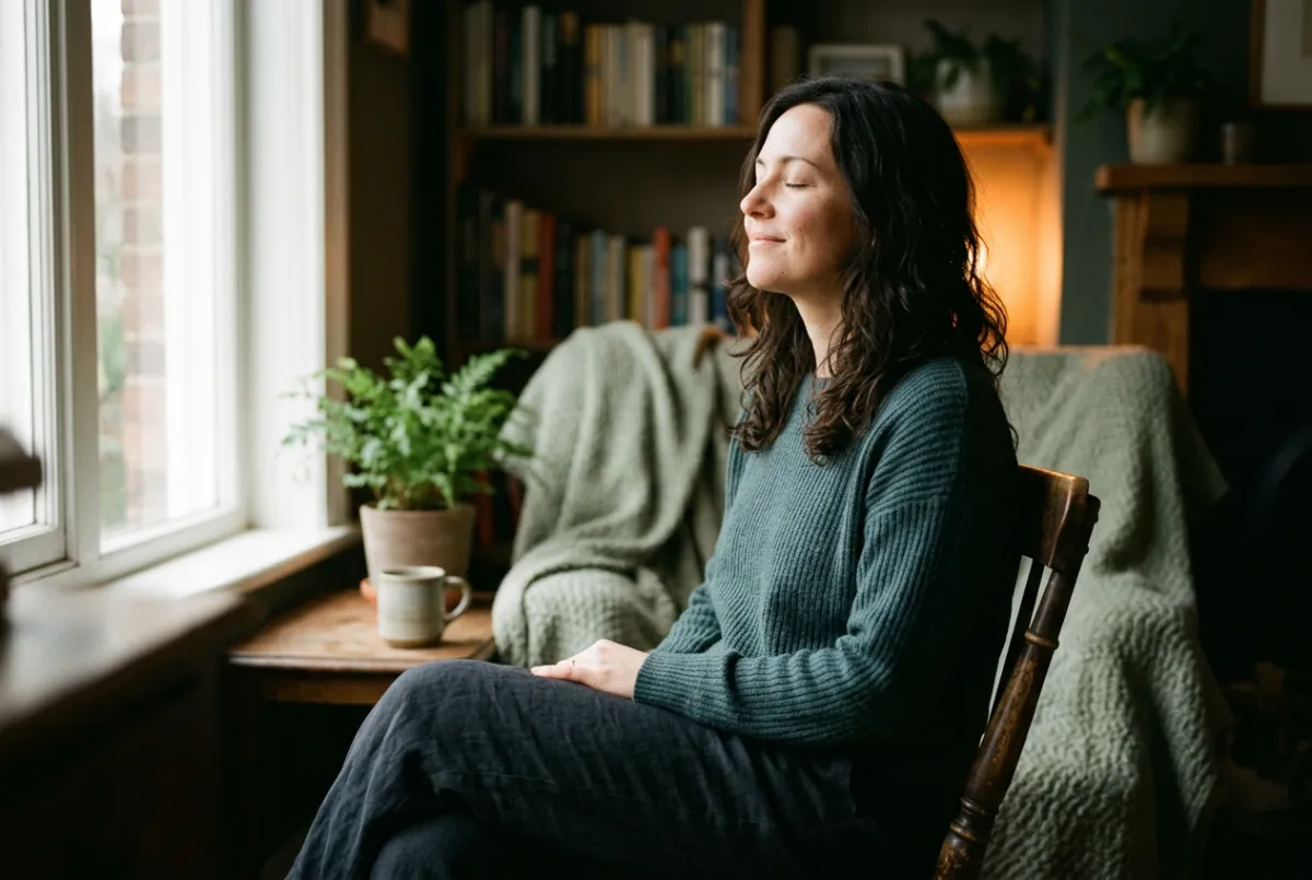 Woman taking a peaceful restorative breath in a warm sunlit room