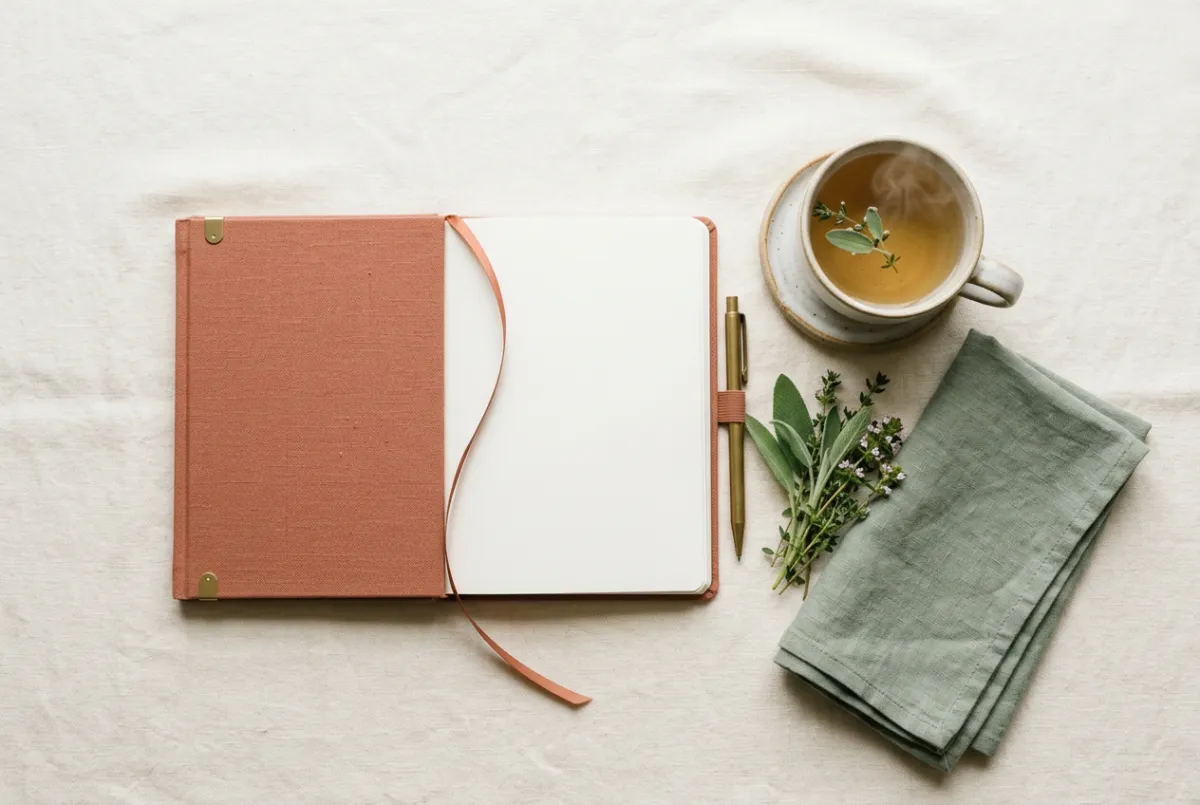 Soft lifestyle flatlay with notebook, linen journal, and herbal tea